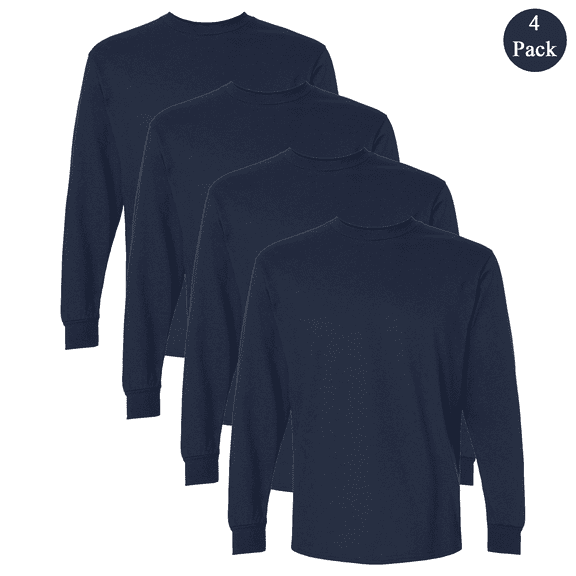 Gildan Men's Ultra Cotton Long Sleeve T-Shirt, Comfortable Crew Neck Casual Tee, Navy, 4-Pack, S