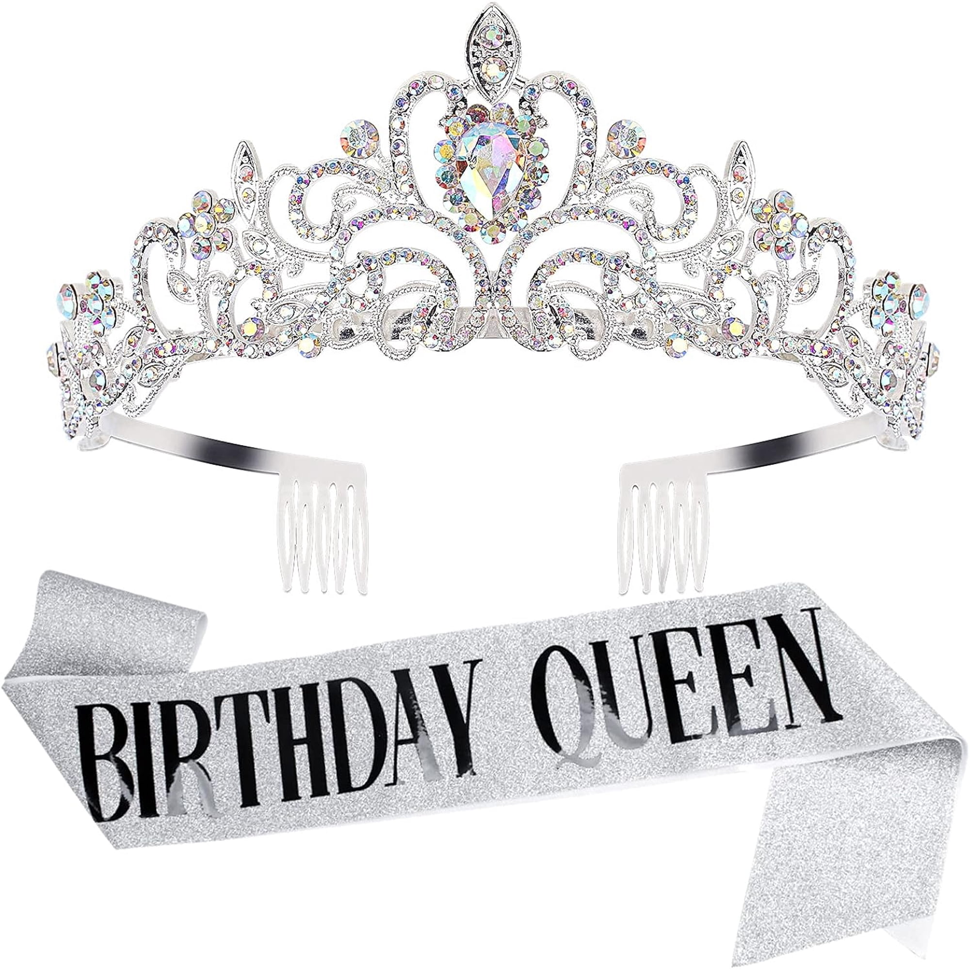 VETPW Birthday Tiara for Women, Tiara for Women AB Rhinestone, Happy Birthday Queen Tiara for Women Birthday Crown Sash 2 Pack, Silver