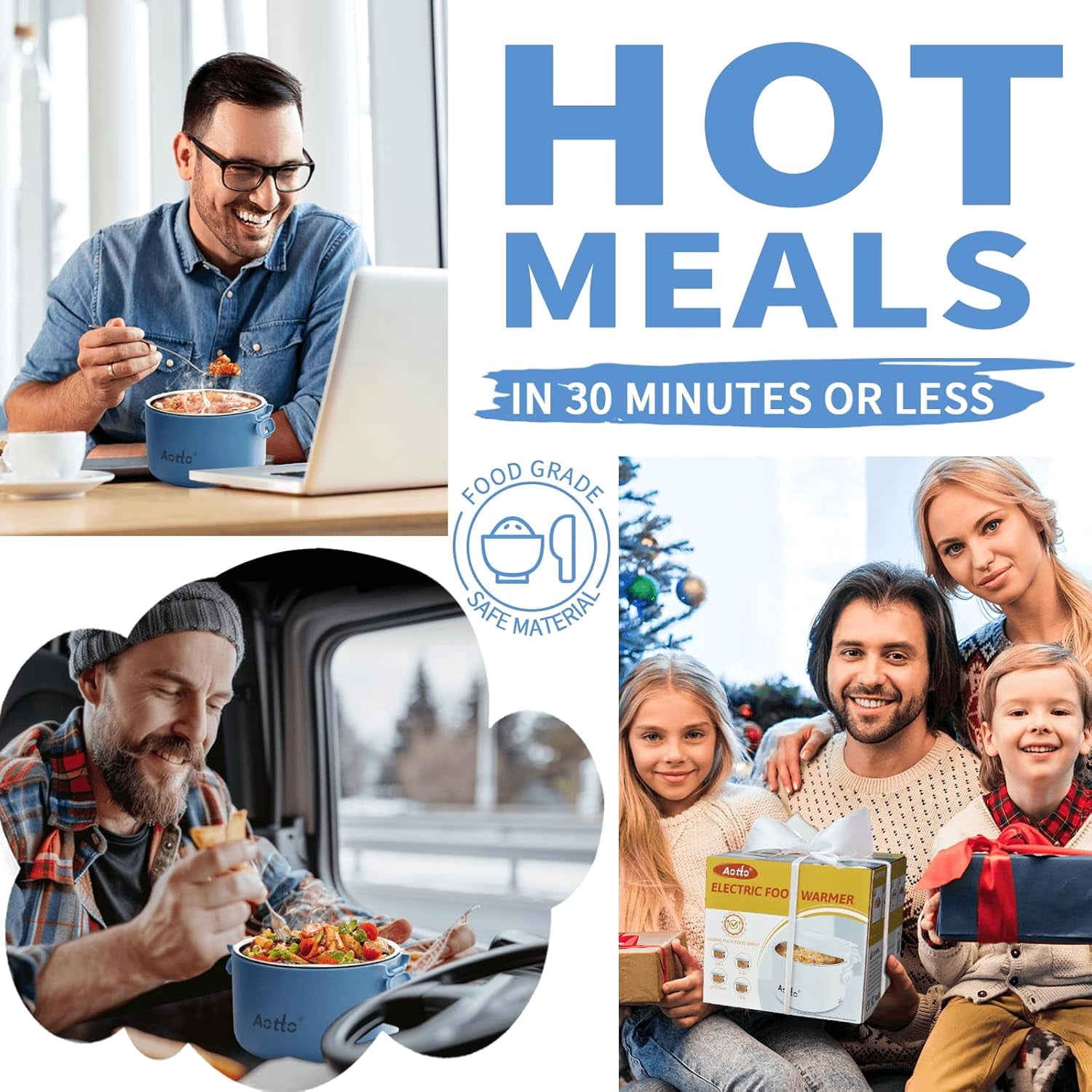 Aotto Electric Lunch Box, 32 oz Portable Heated Lunch Box for Adults, 12V/24V/110V Portable Food Warmer for Car/Truck/Work, BPA-Free, Blue