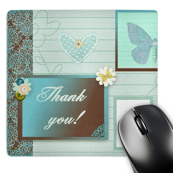 3dRose, Thank you on Damask with Butterfly, Heart, and Flowers, Aqua Green, MousePad