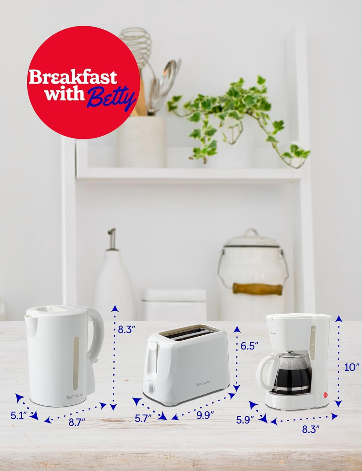 Betty Crocker 3-Piece Kitchen Appliances Set: 5-Cup Automatic Drip Coffee Maker, 1.7L Electric Kettle & 2-Slice Toaster, STRIX Technology Kettle, Cool Wall Housing, BC-4995W, White