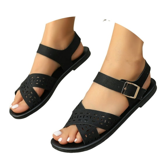 Sandals for Women 2025 Fashion Casual Leather Cross Band Ankle Strap Walking Flats Dress Sandals Ladies