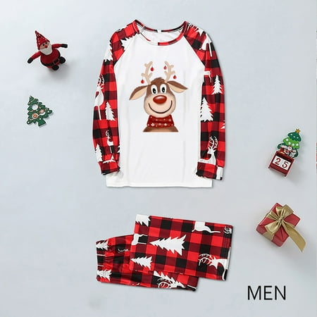 

NEGJ Matching Family Pajamas Sets Christmas Print Top And Plaid Pants Homewear For Dad