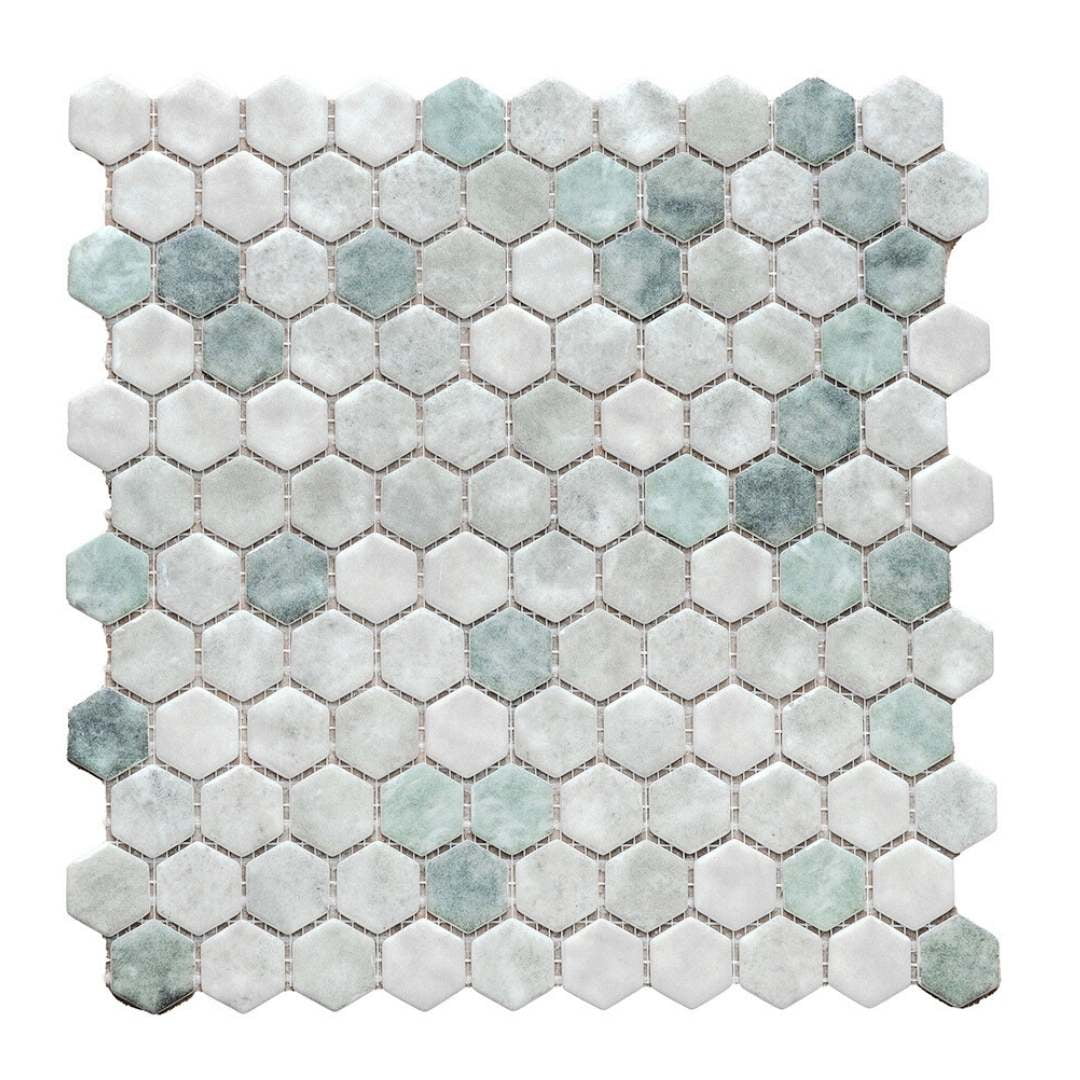 The Tile Life Eterna Hex 1" x 1" Hexagon Shabby Green Glass Mosaic Floor and Wall Tile 1 Sheet