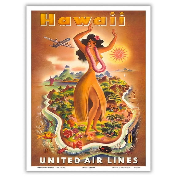 Hawaii - Hawaiian Hula Dancer - United Air Lines - Vintage Travel Poster by Joseph Fehér c.1949 - Master Art Print (Unframed) 9in x 12in