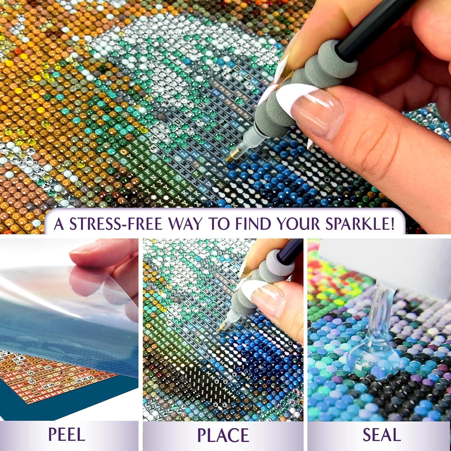 ArtSkills Diamond Painting Kit, Diamond Art Ready to Hang Framed Canvas with Storage and Accessory Kit, Highland Cow, 3 Stretched Canvas Panels, 14” x 7” Each