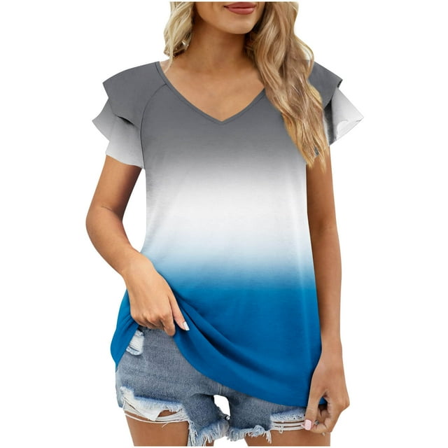 Bocqde Womens V-Neck T-Shirts Fashion Casual Ruffled Sleeve Tees Ladies Comfortable Gradient Color Short Sleeve Blouse Tops