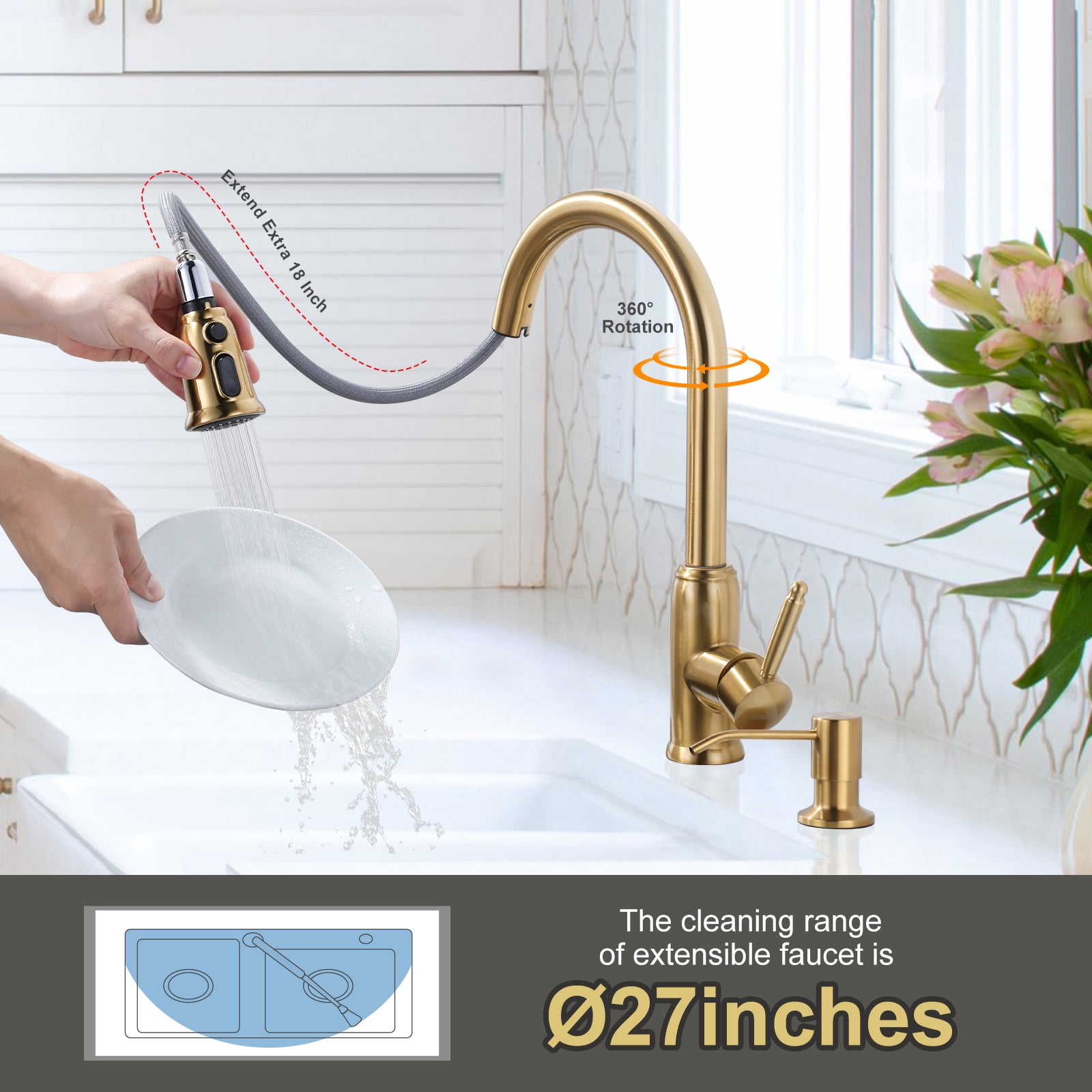 Wowow Stainless Steel Kitchen Faucet with Soap Dispenser, Gold Kitchen Faucet for Sinks