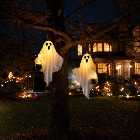Halloween Decorations Outdoor - Light Up Hanging Swing Ghost with Cauldrons, Spooky Cute Ghosts Decorations for Front Porch Yard Tree
