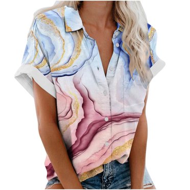 CEHVOM Women's Casual Lapel Blouse Short Sleeve Print Loose Shirt Tops Buttons Cardigan Clearance