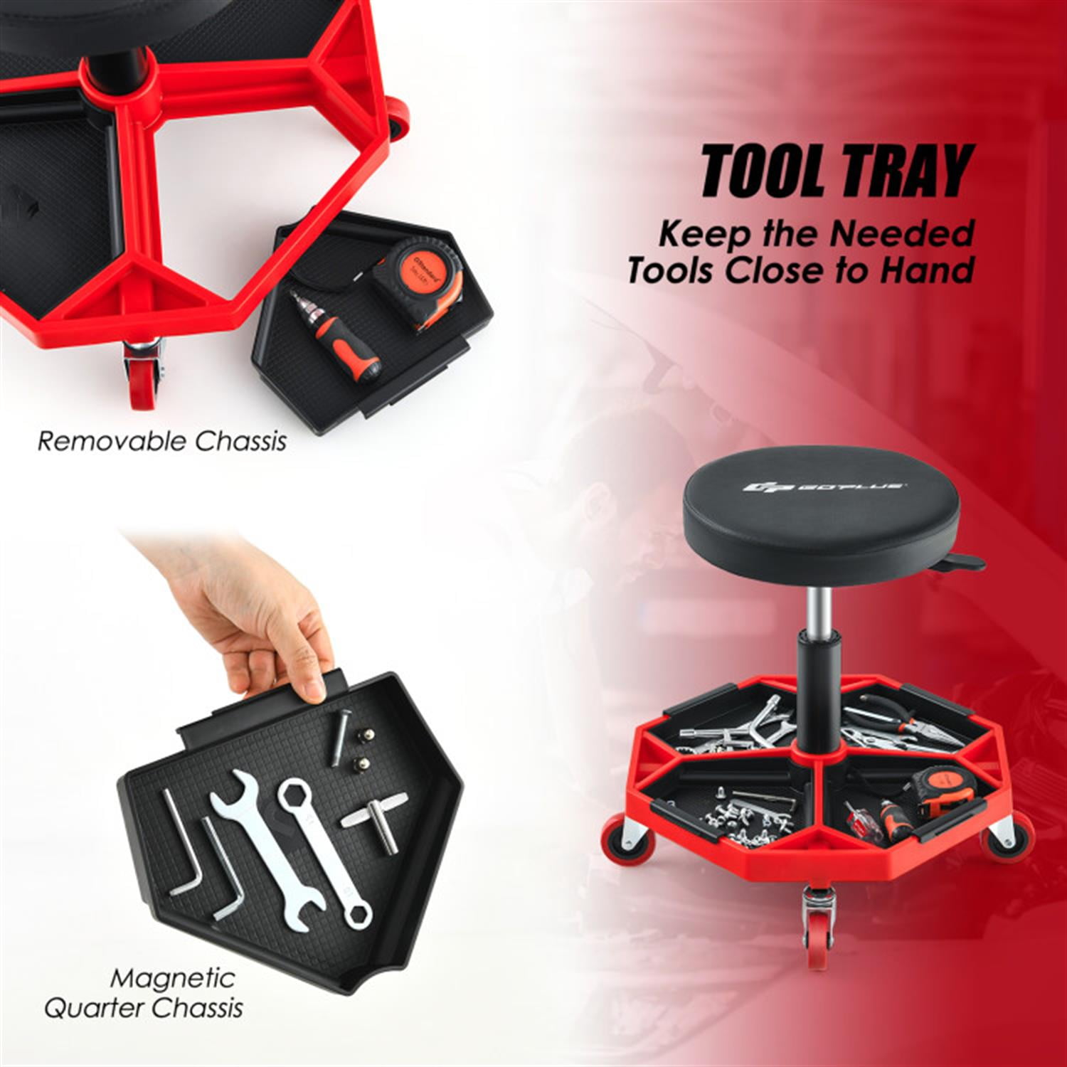 Demi Bonn 330S Capacity Pneumatic Rolling Mechanic Stool with Padded Seat, Mechanic Stool for Garage, Shop, Auto Repair, Red