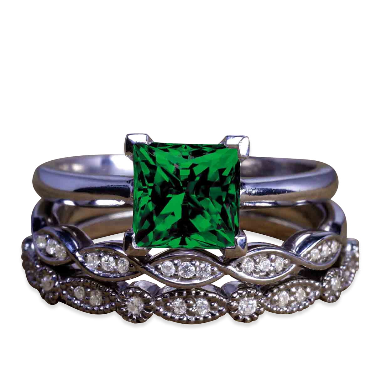 JeenMata 1.50 Carat Square Genuine Colombian Emerald Trio Wedding