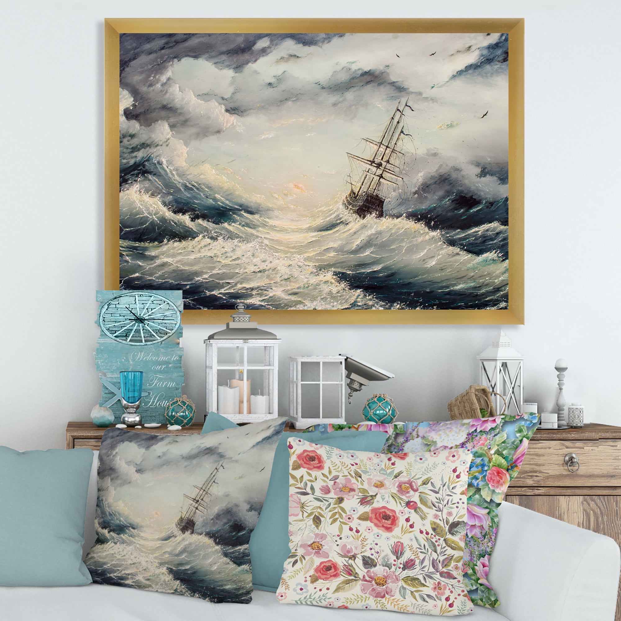 Designart 'Ship Struggles With The Sea Storm' Nautical & Coastal Framed Art Print