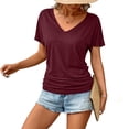 thumbnail image 5 of Women Short Sleeve Solid Color T Shirts Basic V Neck Tops with Side Shirring Shirt Spring Fashion Tunic Tees, 5 of 9