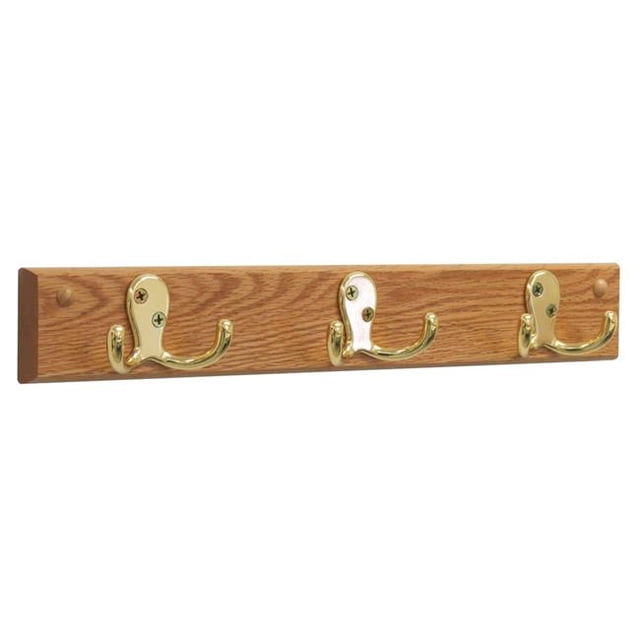 3 Double Prong Brass Hook Rail & Coat Rack - Light Oak