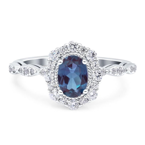 Lab Alexandrite Size-5 Art Deco Oval Floral Vintage Rings Cluster Halo CZ Wedding Engagement Ring For Women 925 Sterling Silver Gifts For Her