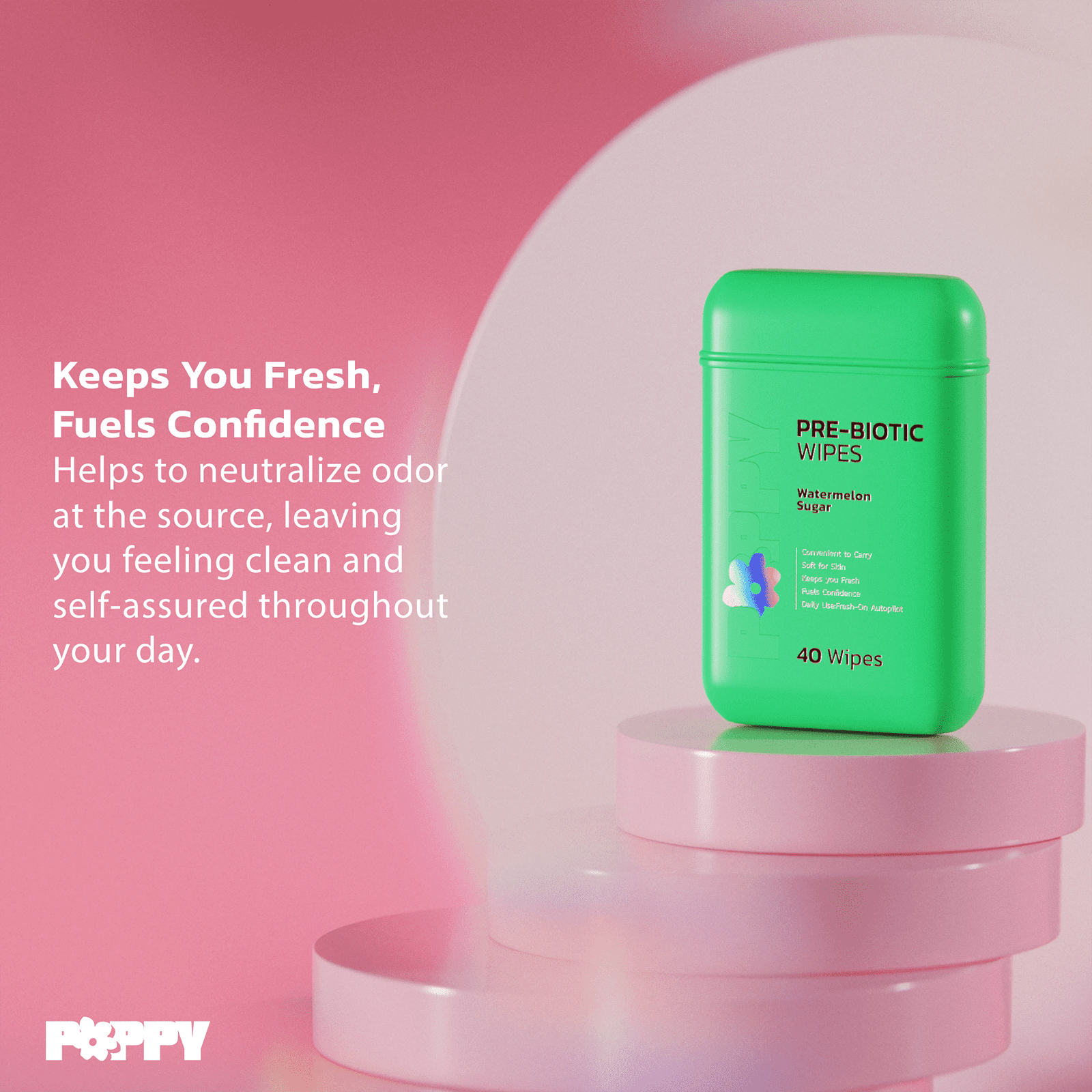 Poppy Pre-Biotic Feminine Hypoallergenic Wipes for Women, Personal Care To-Go Wipes, Watermelon Sugar Scent, 40 Count