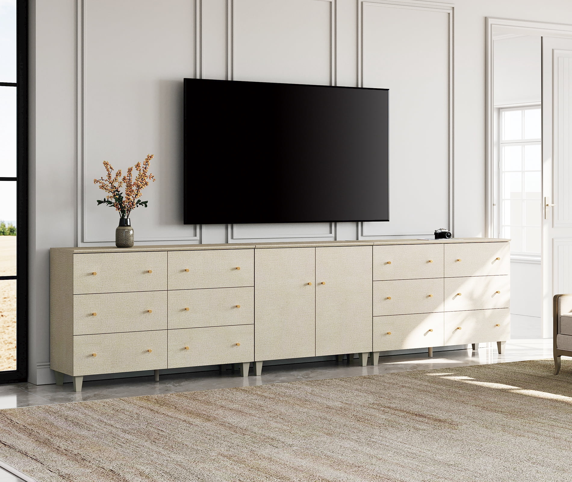 WAMPAT Wide TV Stand for 110+ Inches TVs, 3-in-1 Modern Wooden Media Console with 12 Spacious Drawers and 1 Storage Cabinet for Living Room, Beige