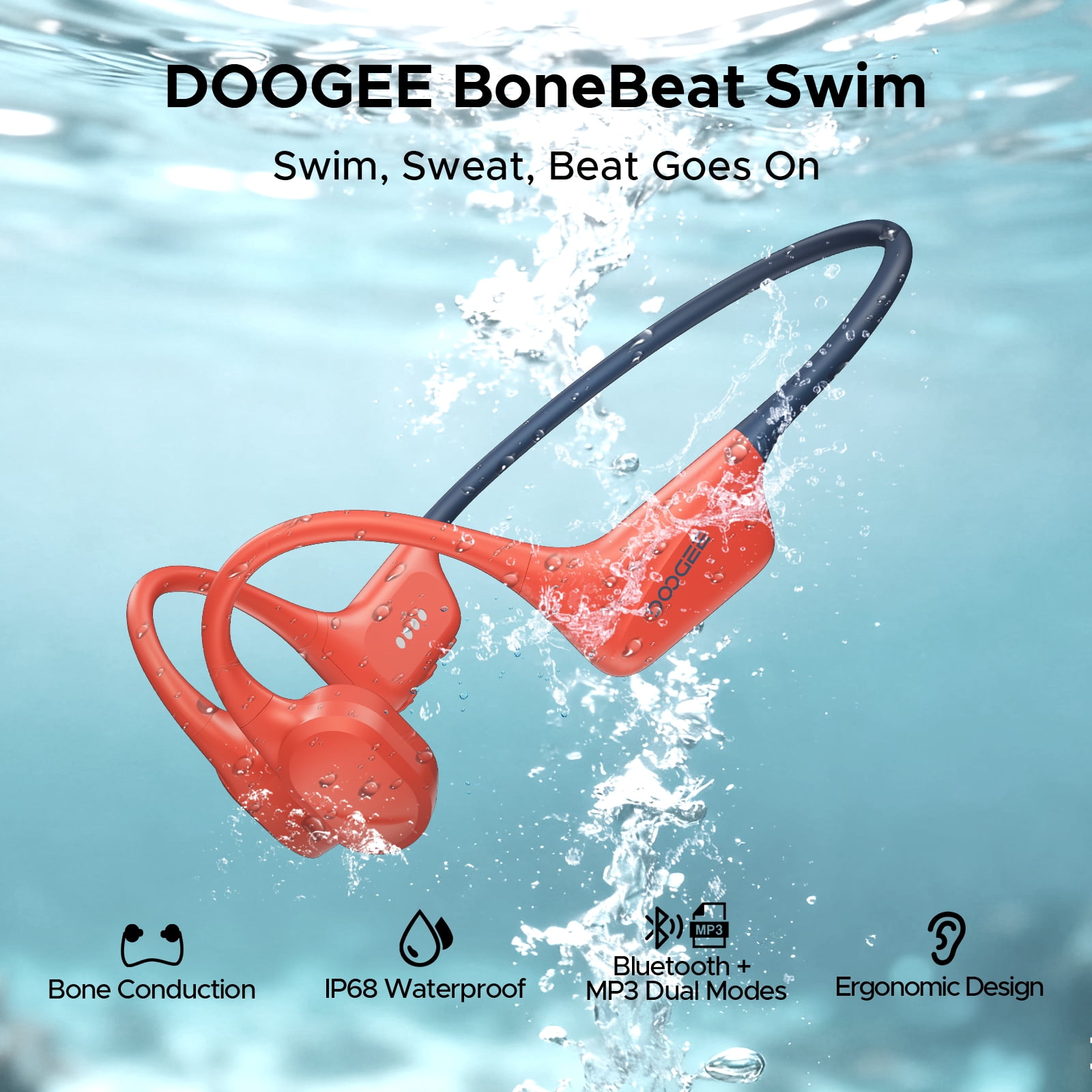 DOOGEE Bone Conduction Headphones, IP68 Waterproof Swimming Headphones Wireless Bluetooth 5.4, Skin Friendly Silicone, 32GB MP3 Mode, Sport Open Earphones for Underwater, Running, Cycling