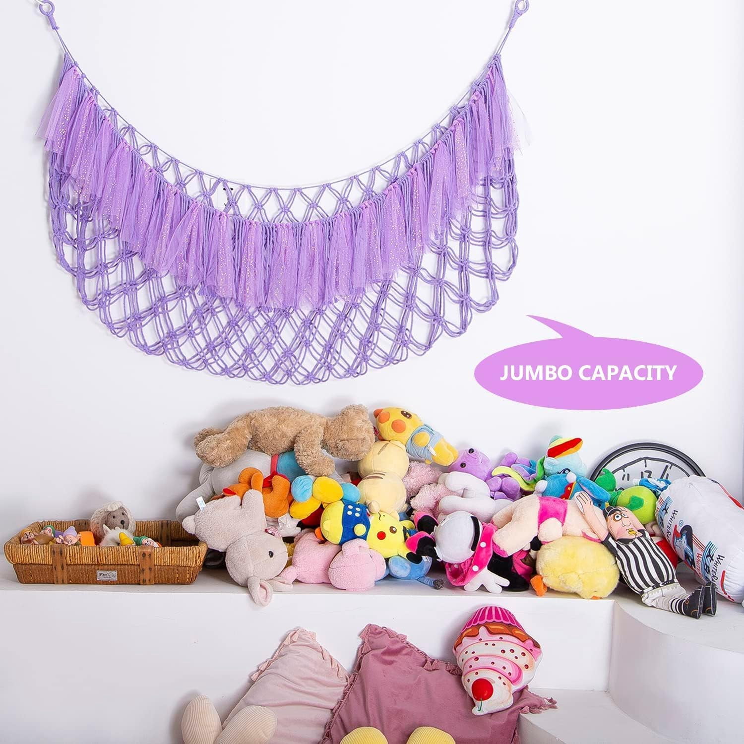 Large Stuffed Animal Net or Hammock with Led and Mesh Ribbon Wall Hanging Toy Net for Stuffed Animals Creative Stuff Animal Storage Ideas Macrame Toy Hammock Stuffed Animal Hammock-Purple