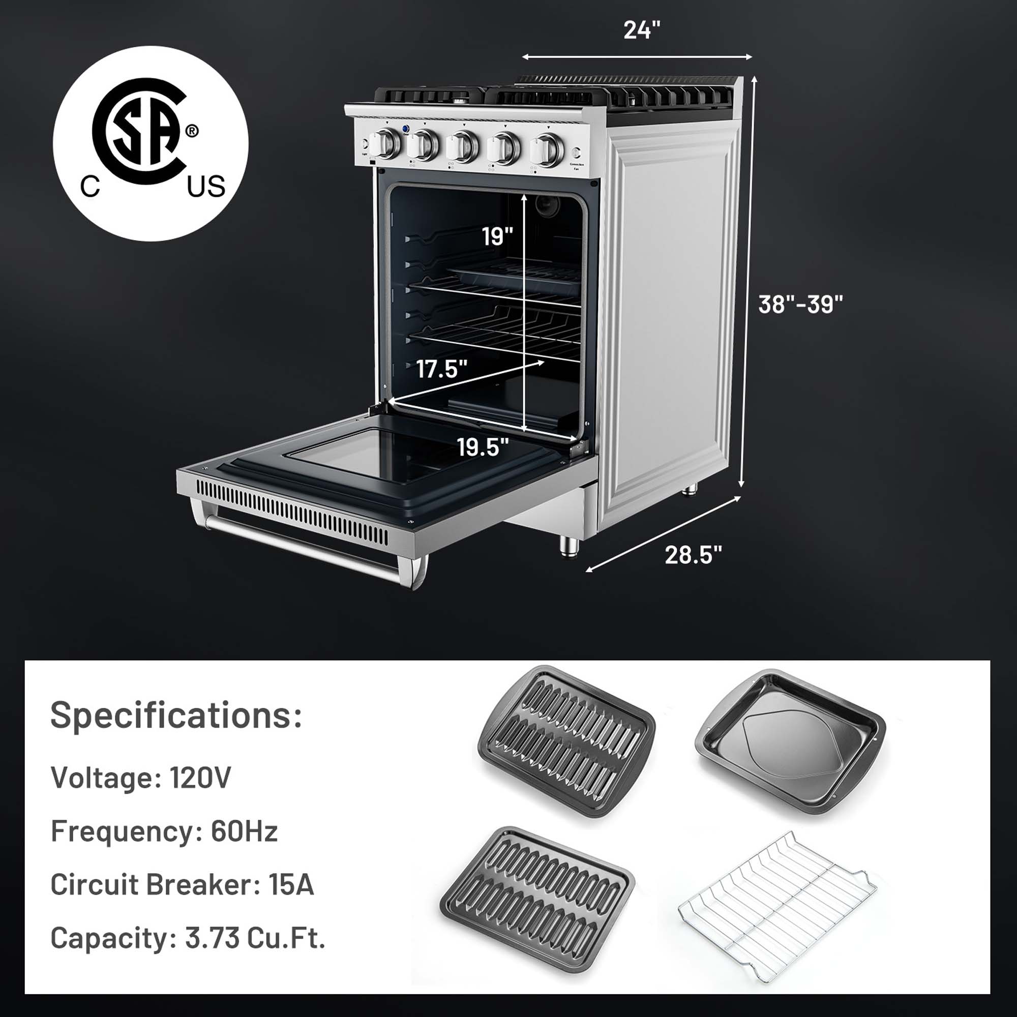 Costway 24 Inches Natural Gas Range Freestanding with 4 Burners Cooktop & 3.73 Cu.Ft. Oven