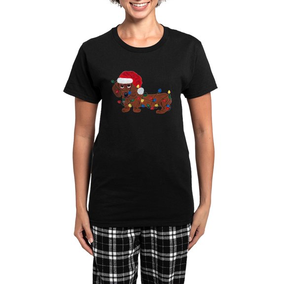 CafePress - Dachshund (Red) Tangled In Christmas Lights Women - Women's Short Sleeve Print T-Shirt and Pants Dark Cotton Pajama Set