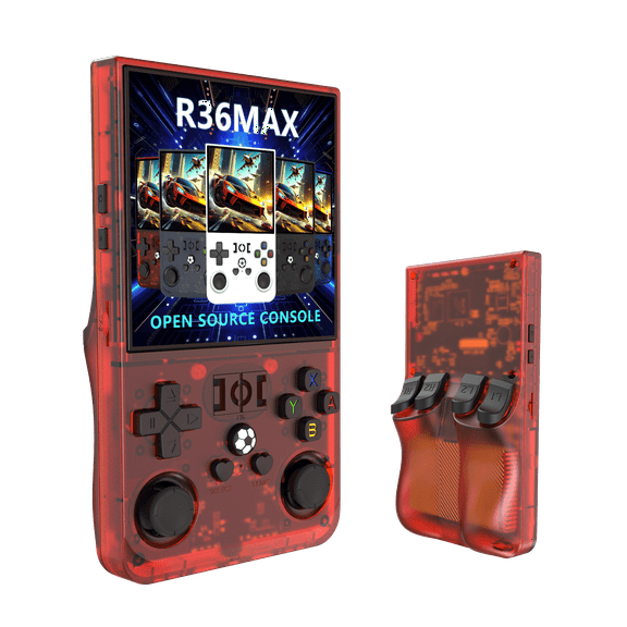 The latest R36SMAX open source handheld game console, nostalgic arcade game, 4.0-inch 3D large screen, GBA dual joystick,red,64G