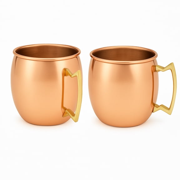 Modern Home Handmade 16oz Solid Copper Mule Mug – Barrel Shaped Mug with Brass Handle & Smooth Texture (Set of 2)