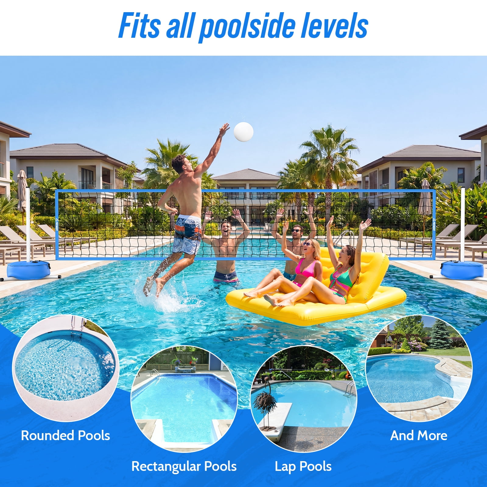 PATIASSY Pool Volleyball Net Set with Weighted Base Adjustable 15ft-32ft Length Portable Outdoor Volleyball Net System for Swimming Pools