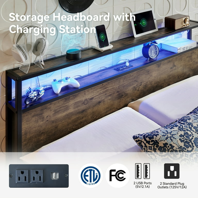 Sailvan Full Size Bed Frame with LED Lights & USB Charging, Brown photo 3