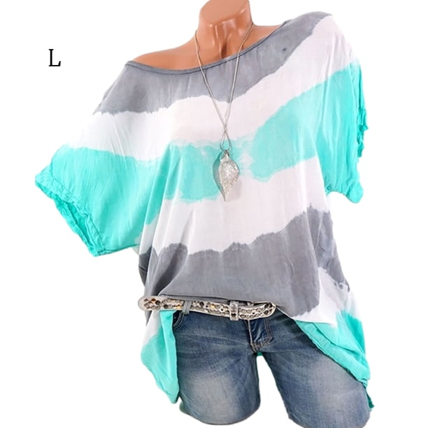 Sonducket Camiseta de mujer con un hombro, manga corta, blusa estampada con rayas Prendas para la parte del cuerpo Verde L