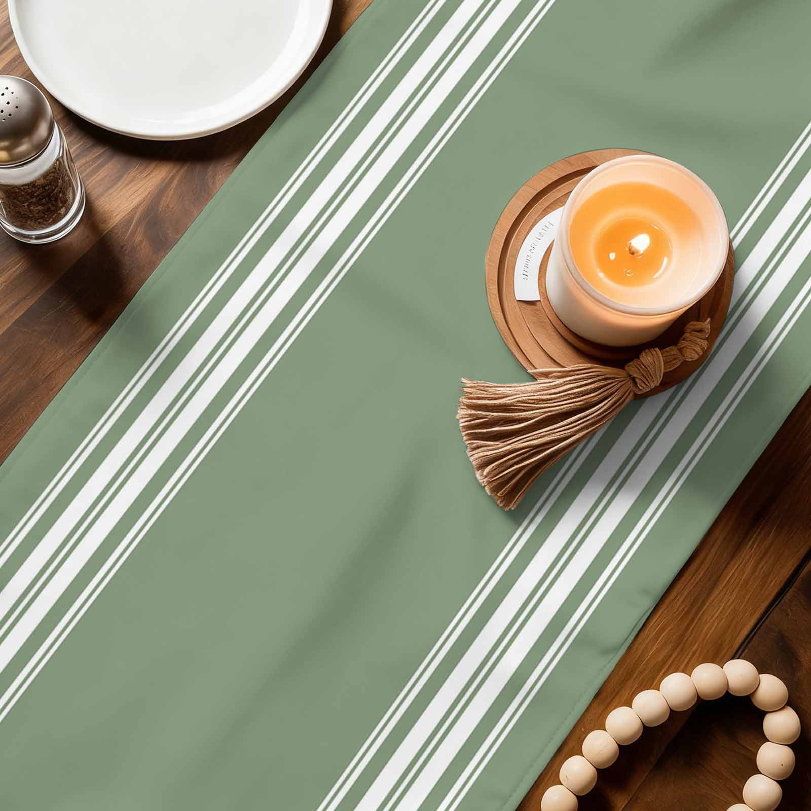 Dark Sage Green Table Runner, Farmhouse Sage Green White Striped Washable Cotton Linen Table Runners 60 Inches Long, Dresser Scarf Runner for Coffee/TV Stands/Kitchen/Cabinets 13''x60''