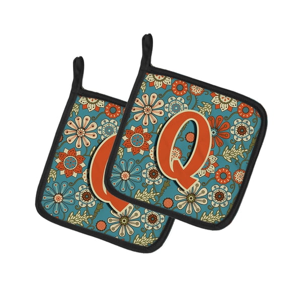 Caroline's Treasures CJ2012-QPTHD Letter Q Flowers Retro Blue Pair of Pot Holders, 7.5HX7.5W, multicolor
