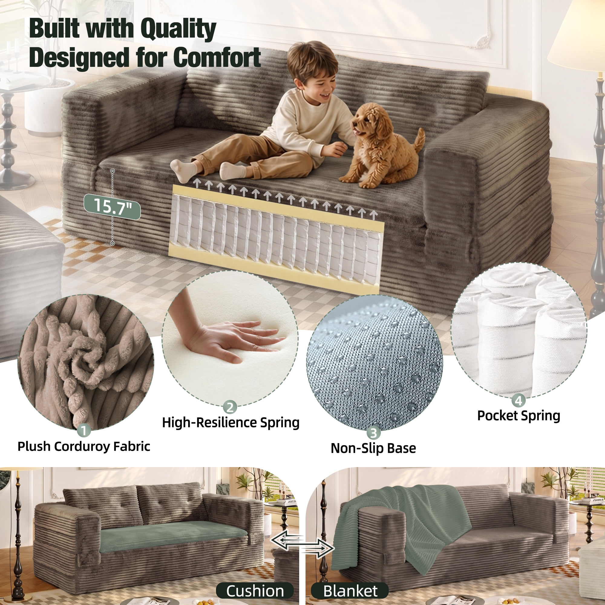 HOQBN 80" King Size Sleeper Sofa Bed, Plush Corduroy Deep Seat Sofa Couch with Independent Chaise and Functional Blanket for Living Room, Bedroom Coffee