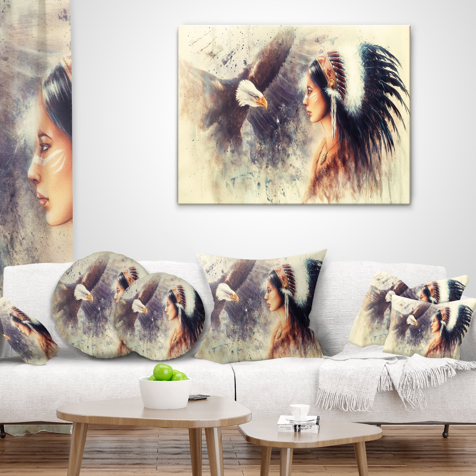 Designart Indian Woman and Eagle - Portrait Throw Pillow - 18x18