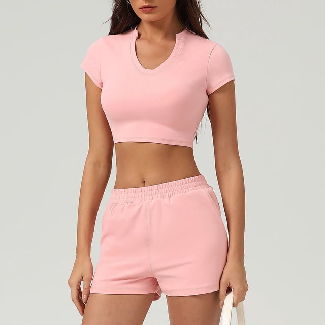 PISONIC Women's V-Neck Crop Top & Shorts Set - Active Fitness Apparel with 4 Color Options