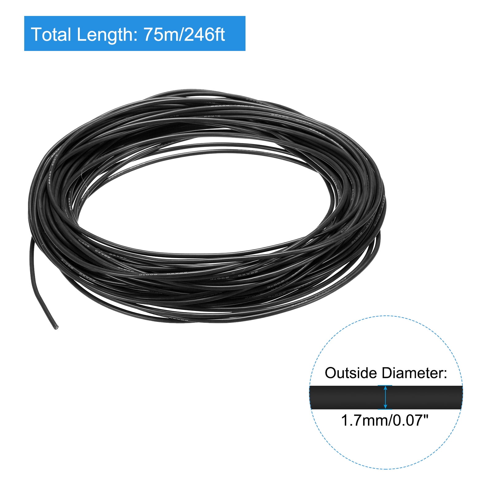 Silicone Wire 22AWG 22 Gauge Flexible Tinned Copper Standard High-Temperature Hookup Wire Black 75m/246ft