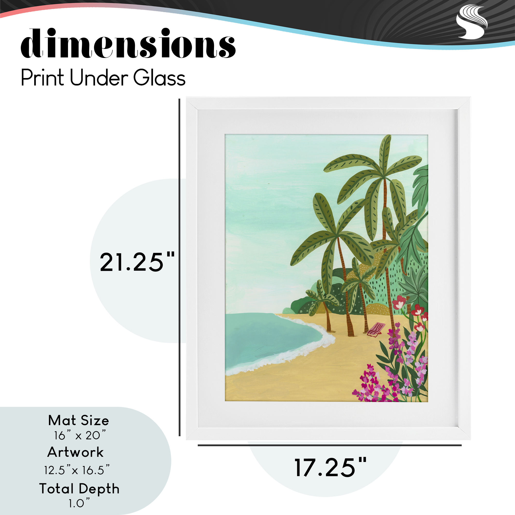Palm Filled Shoreline White Framed Print Under Glass, design by Nabeela Rumi