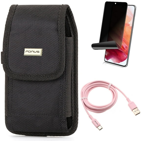 Privacy Screen Protector w 6ft USB-C Cable w Case Belt Clip for Samsung Galaxy S21 Plus - TPU Film Fingerprint Works, Pink Charger Cord, Rugged Holster Accessory Bundle