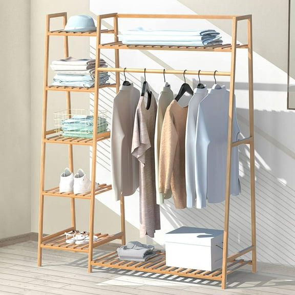 Bamboo Clothing Garment Rack,Free Standing Clothes Coat Hanger,Closet Organizer w/Shoe Rack,Multi-tiered Wardrobe Storage Shelves,Clothes Hanging Racks for Hall,Living Room,Bedroom,Entryway