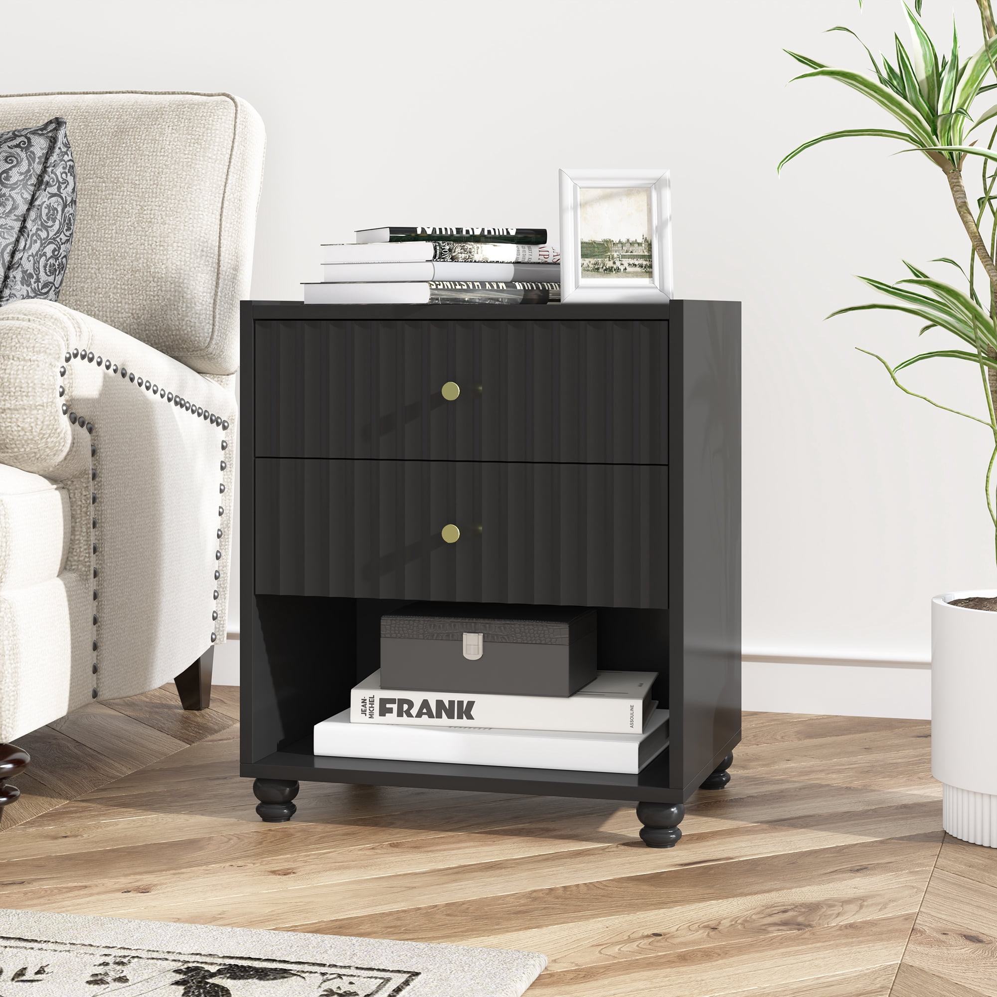 ZOSQUARE Modern Nightstand, Black Fluted Bedside Table with 2 Drawers and Open Shelf, End Tables with Gold Knobs for Bedroom, Living Room