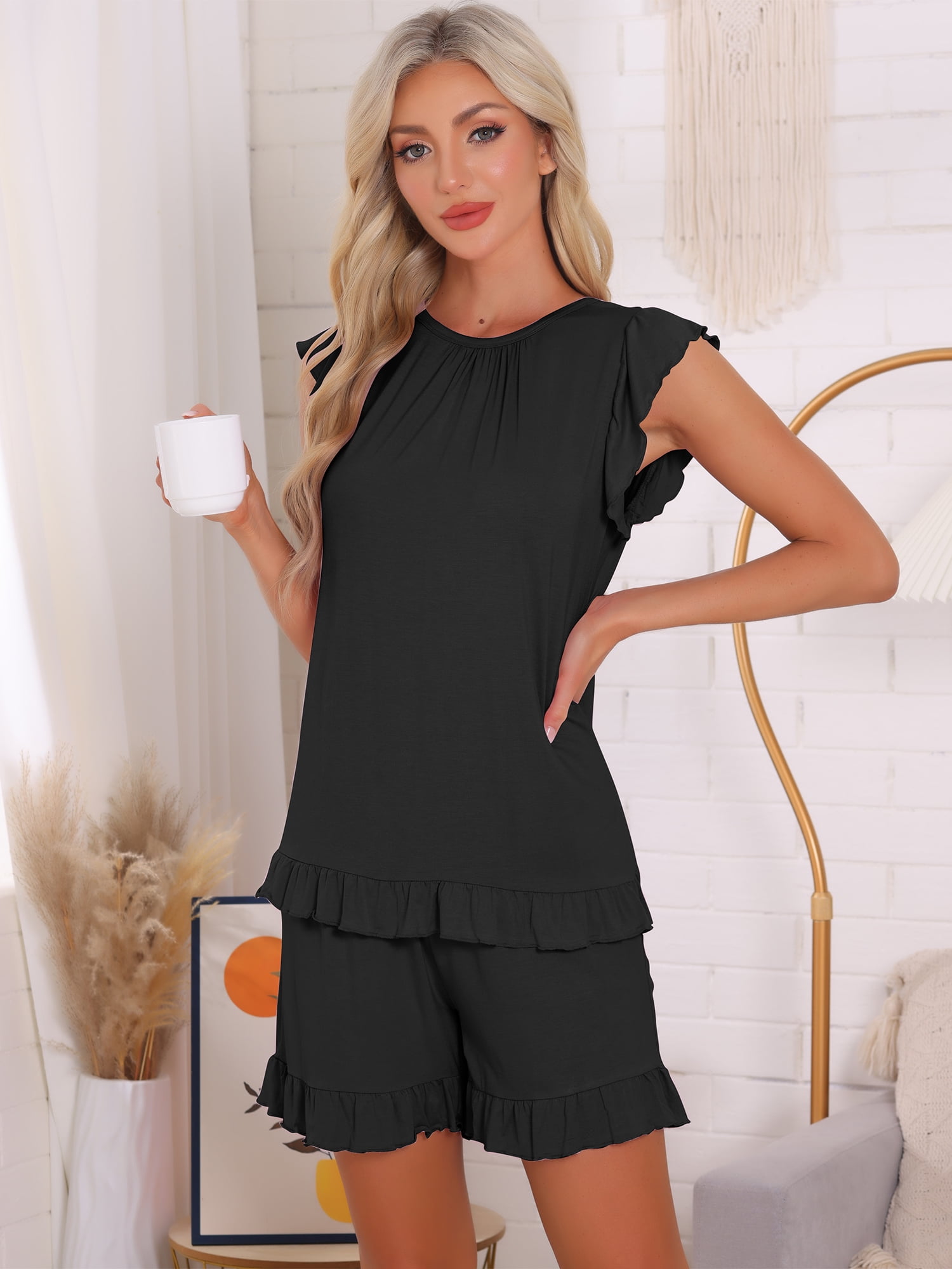 DARING DIVA Ruffle Trim Cap Sleeve Lounge Tops Shorts Pajama Sets XL Black