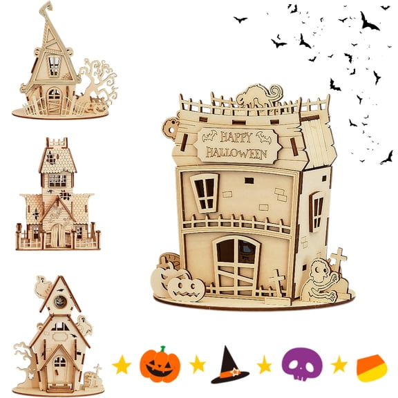 KRONDO Halloween House DIY 3D Wooden Puzzle Model, Spooky House Building Kit for Adults & Teens, Holiday Craft Decor Gift