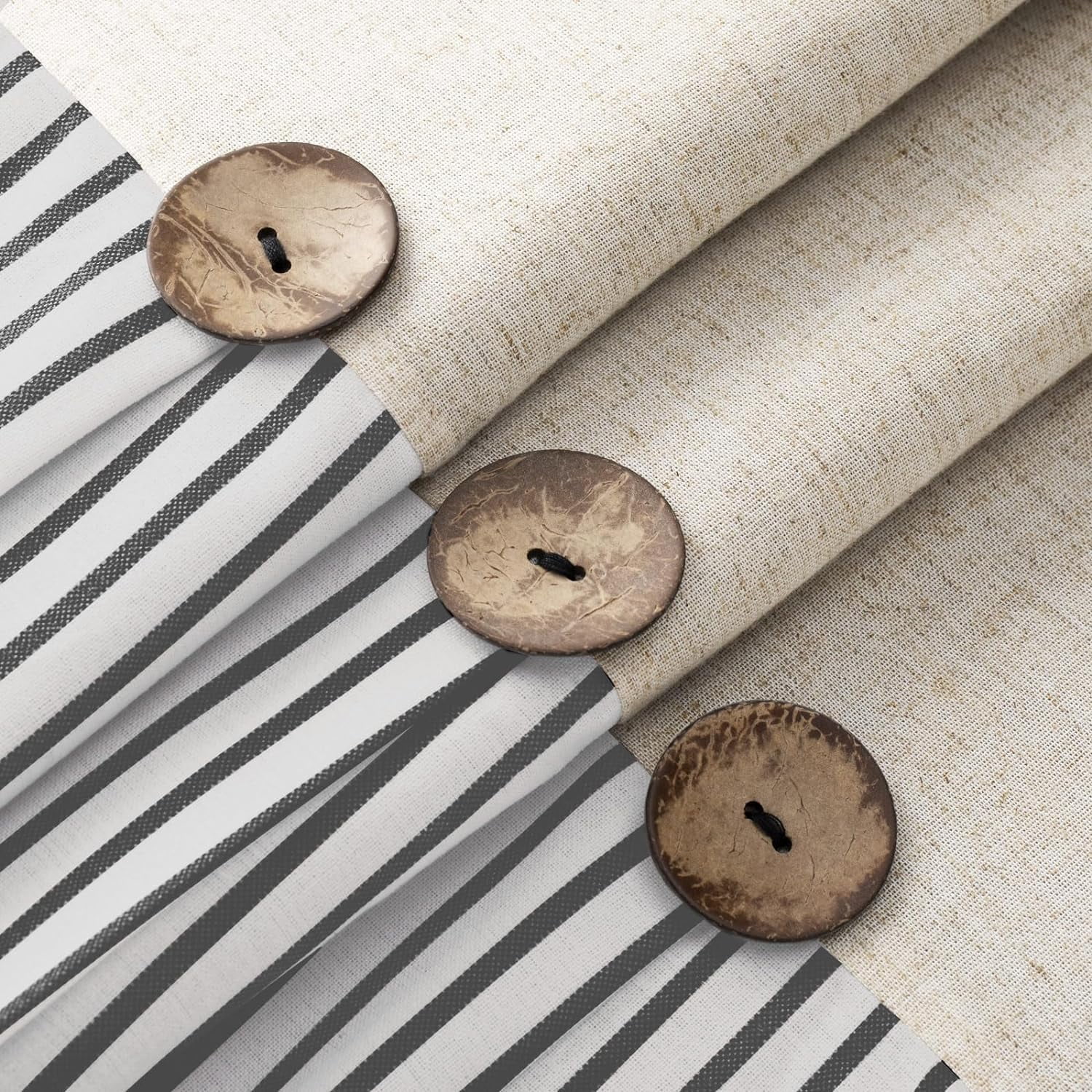 Psoiuetr Linen Shower Curtains for Bathroom Farmhouse Shower Curtain Rustic Country Button Fabric Pleated Black Stripe 72" x 72"