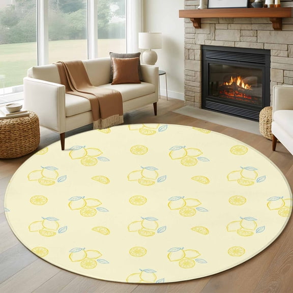 Yellow Lemon Round Area Rug 5Ft Washable Circle Rugs for Living Room Bedroom, Summer Farmhouse Fruits Leaves Lemon Non-Slip Carpet Floor Mats Indoor Outdoor Carpet Runner Aesthetic Home Decor