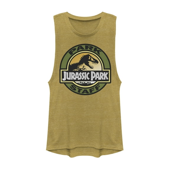 Junior's Jurassic Park Staff Badge Festival Muscle Graphic Tee Gold Heather 2X Large