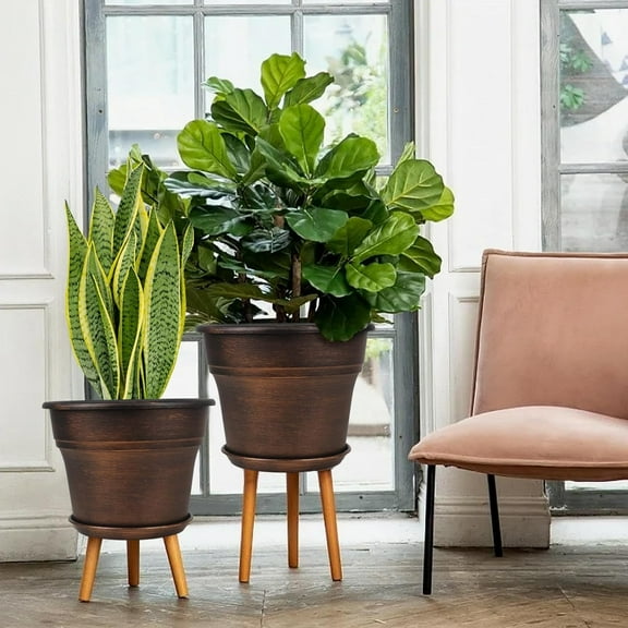 Plant Planters Pots Set of 4 Pack 13 Inch, Large Plastic Flower Pot For Indoor Plants With Drainage Holes & Trays, Resin Decorative Container Sets With Saucer For House Outdoor Garden Plant Copper