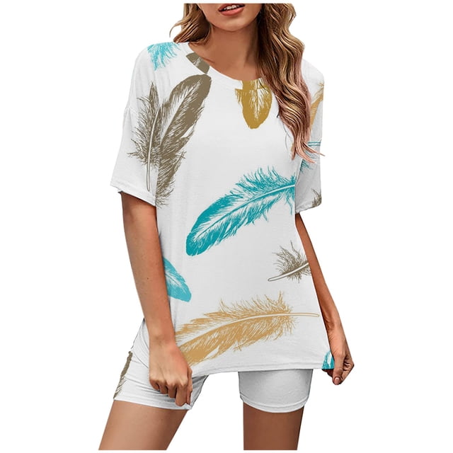 Ensembles pour Femmes 2 Pcs Tenues à la Mode Col Rond Manches Courtes Imprimé Haut Décontracté et Shorts Ensembles Vêtements pour Femmes en Liquidation