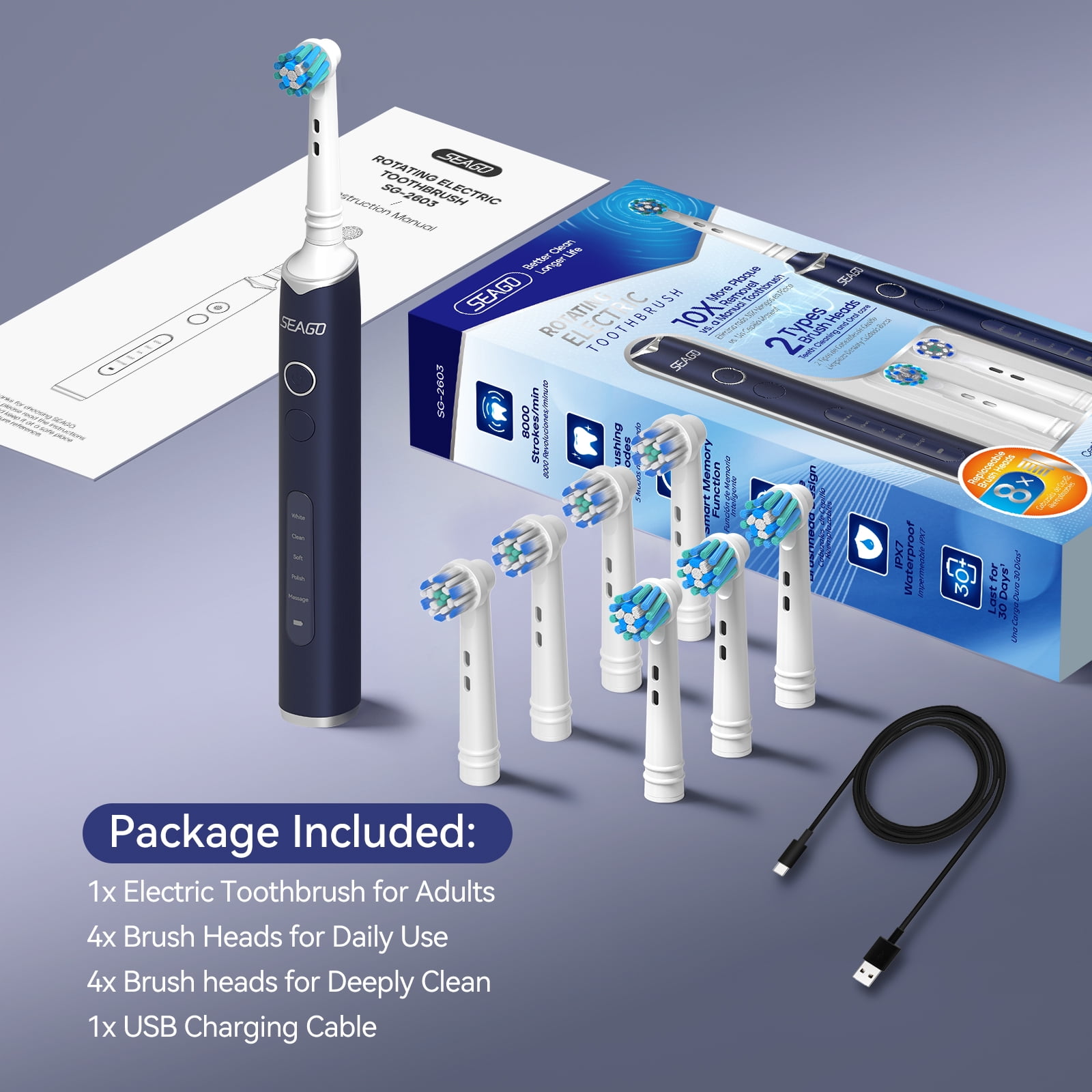 SEAGO Rotating Electric Toothbrush for adult, 8 Brush Heads,  5 Cleaning Modes, 2 Mins Timer, SG-2603(Blue)