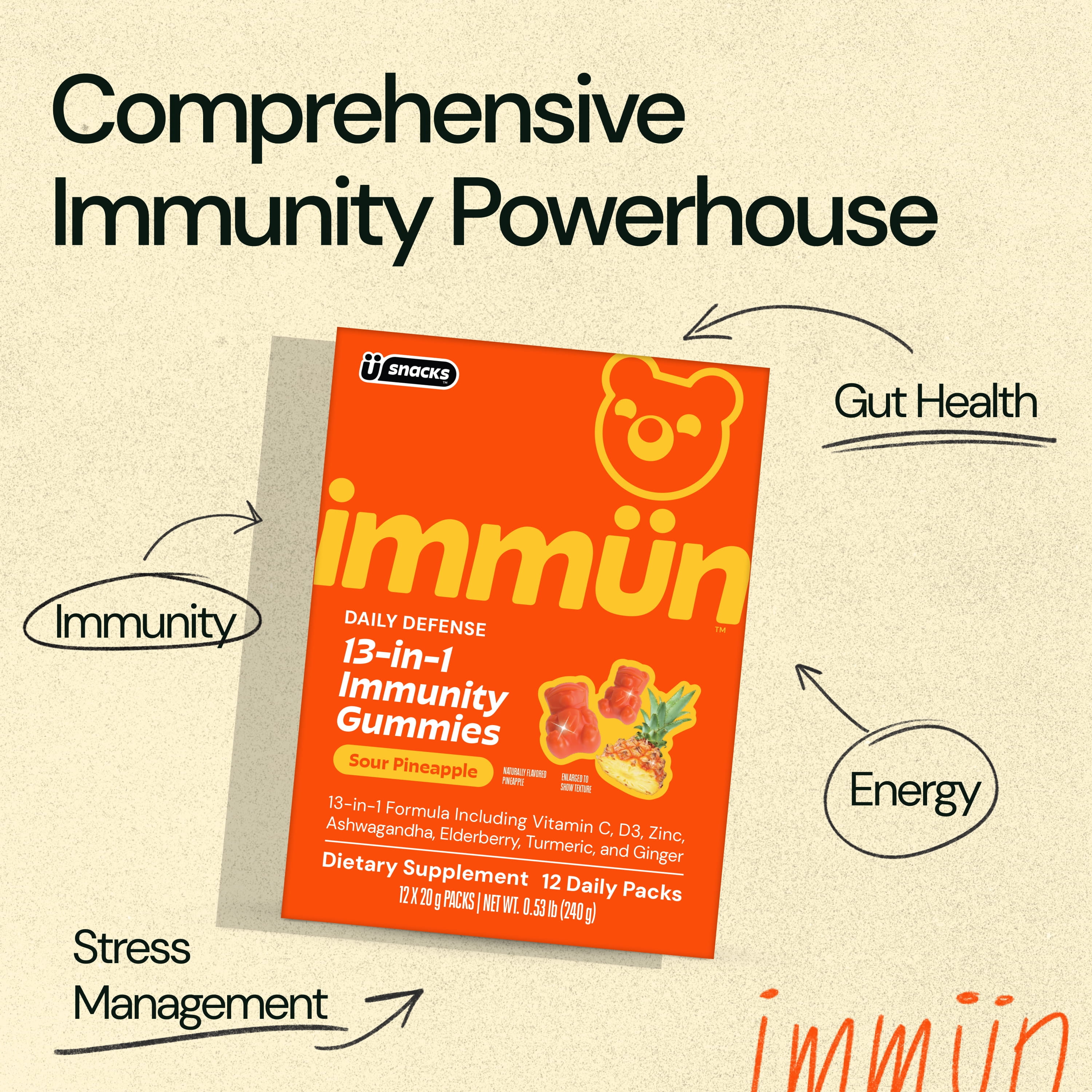 Immun by Gruns Low Sugar Immunity Support Gummies for Adults with Vitamin C, MCT Oil, Ashwagandha, Elderberry, and Zinc, Contains Prebiotic Fiber for Gut Health, 12 Servings